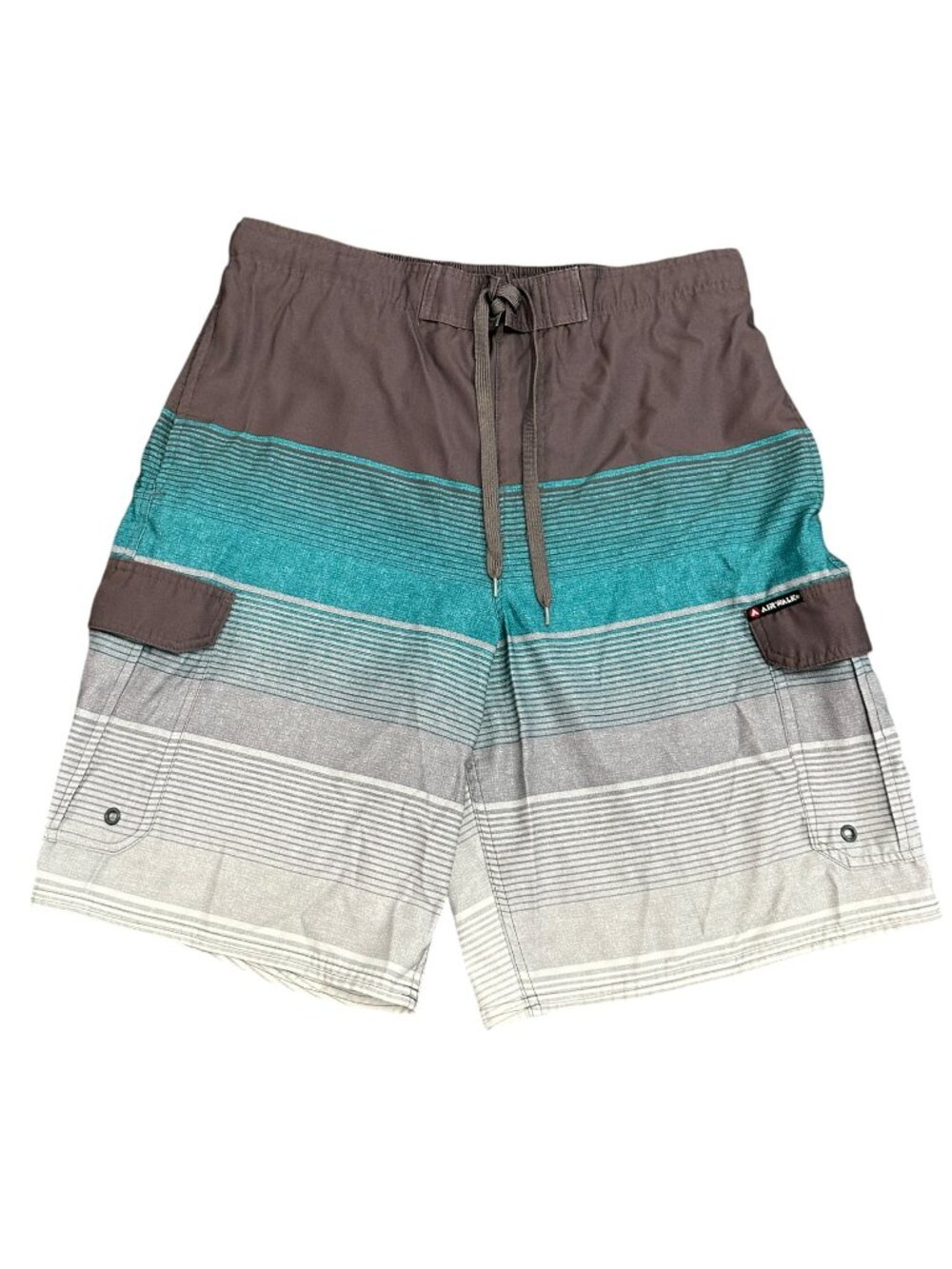 Airwalk Mens XL Grey Blue Striped Board Shorts Drawstring Tie Pockets Swimwear